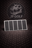 black skytrak ball marker bars on a sheet on a textured metal background with the Just a Potamus logo