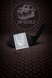 Golf club head cover with a white label on a textured brown background with 'JP Golf' branding.