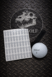 Sheet of golf club head stickers and a Titleist golf ball on a diamond plate surface with a logo in the background.