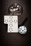 JP Golf logo on a textured surface with a golf ball and square launch monitor ball wrap.